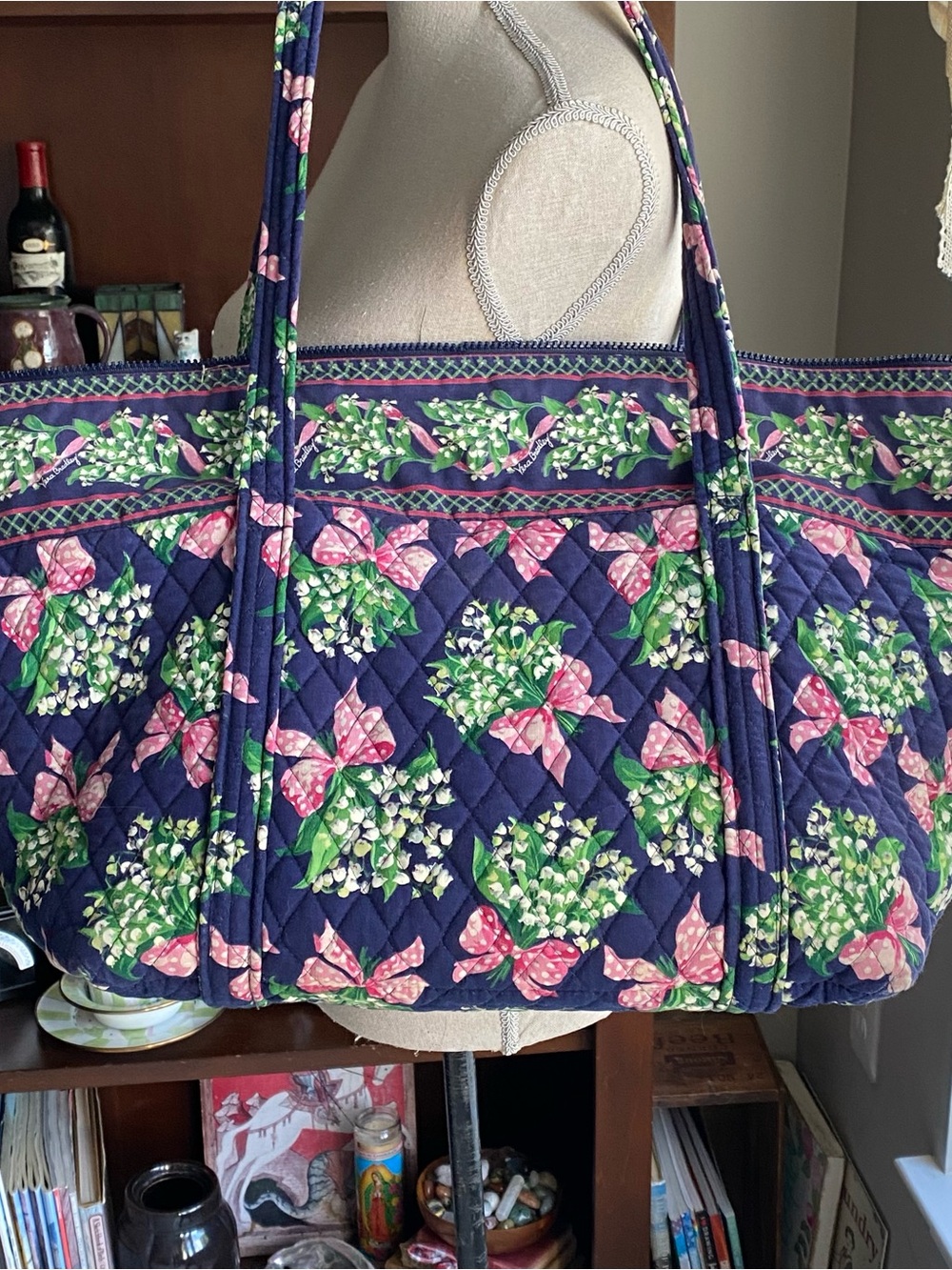 Vera Bradley Navy Quilted Tote with Pink Floral Bows Large Weekend Bag